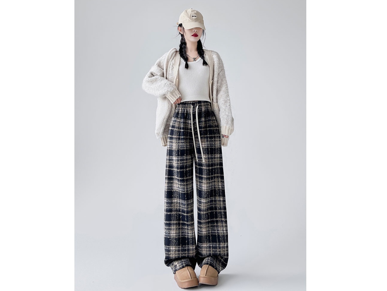 チェックパンツ あったかチェック柄ワイドパンツ