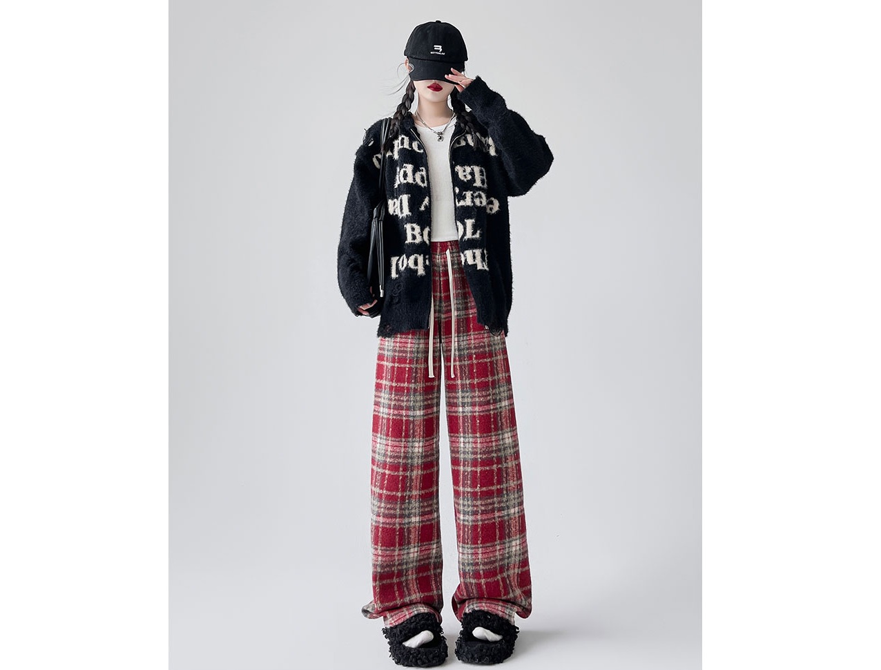 チェックパンツ あったかチェック柄ワイドパンツ