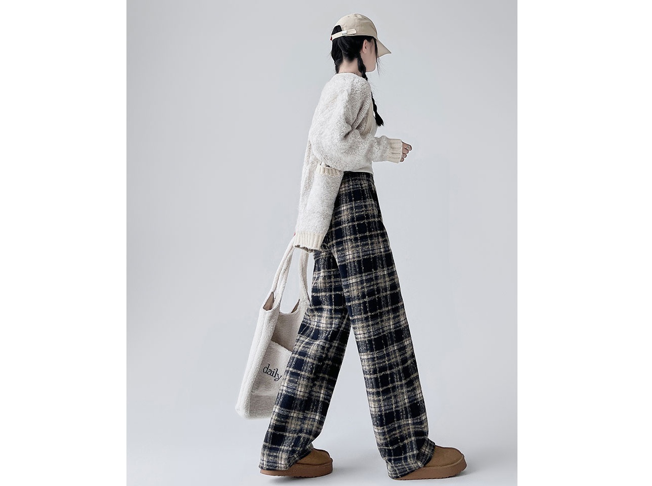 チェックパンツ あったかチェック柄ワイドパンツ