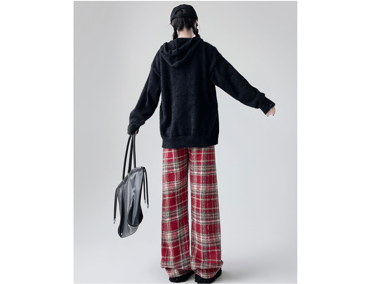 チェックパンツ あったかチェック柄ワイドパンツ