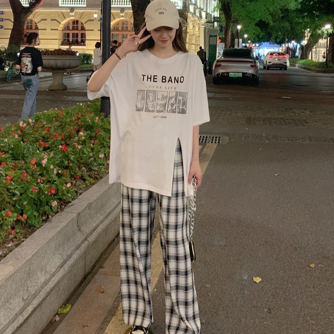 チェックパンツ チェックパンツ 格子模様のリラックスワイドパンツ