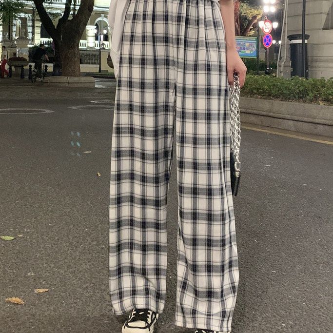 チェックパンツ チェックパンツ 格子模様のリラックスワイドパンツ