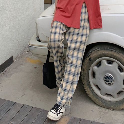 チェックパンツ チェックパンツ 格子模様のリラックスワイドパンツ