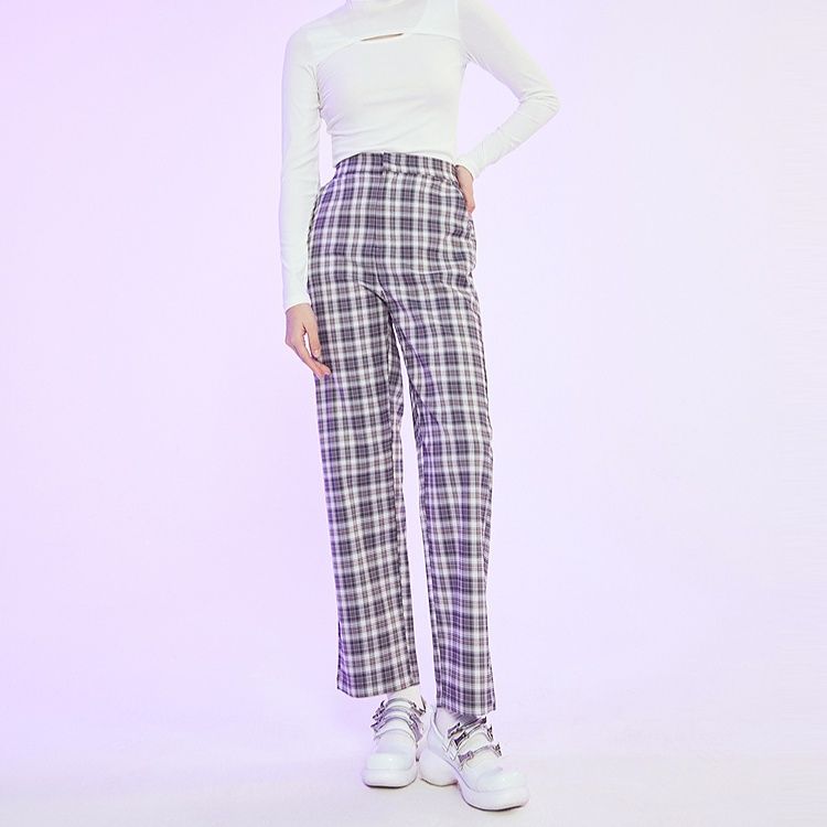 チェックパンツ チェックパンツ すっきり美脚ストレートパンツ