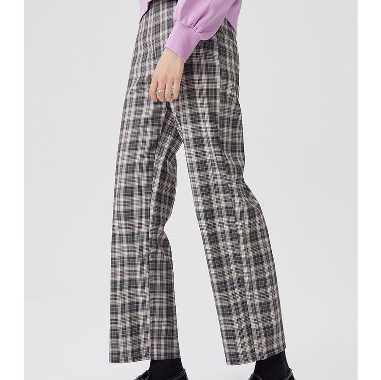 チェックパンツ チェックパンツ すっきり美脚ストレートパンツ