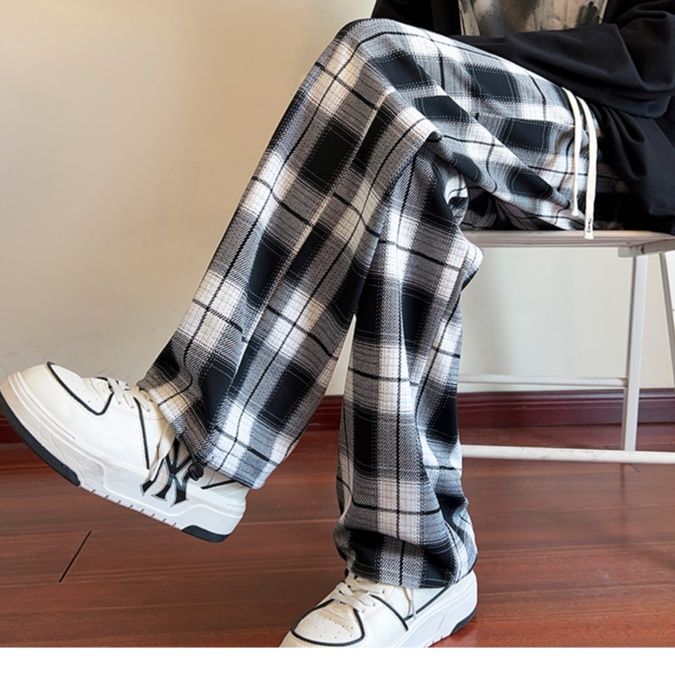 チェックパンツ チェックパンツ 格子柄リラックスストレートパンツ