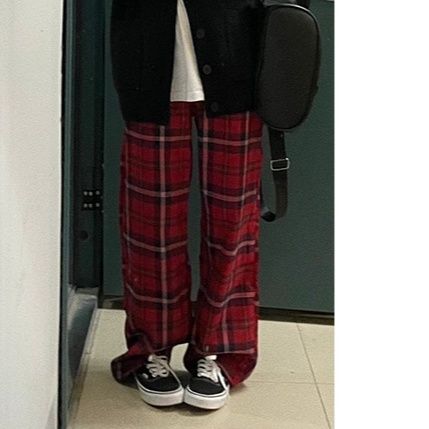 チェックパンツ チェックパンツ 格子柄ゆったりロングパンツ