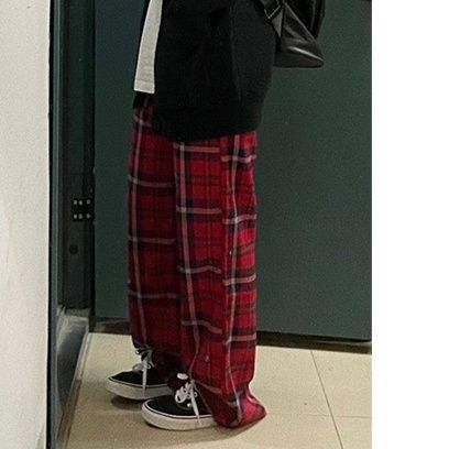 チェックパンツ チェックパンツ 格子柄ゆったりロングパンツ
