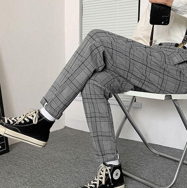 チェックパンツ チェックパンツ 四角格子サスペンダー付きスラックス