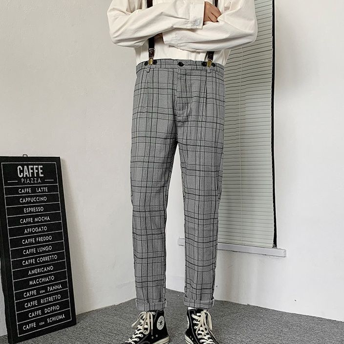 チェックパンツ チェックパンツ 四角格子サスペンダー付きスラックス