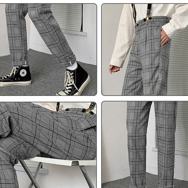 チェックパンツ チェックパンツ 四角格子サスペンダー付きスラックス