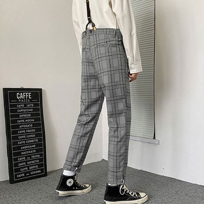 チェックパンツ チェックパンツ 四角格子サスペンダー付きスラックス