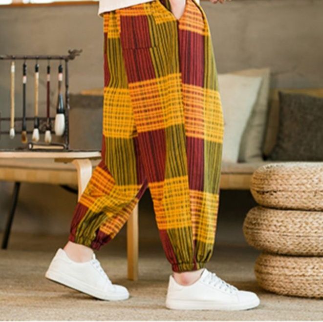 チェックパンツ チェックパンツ 格子柄ゆったり裾絞りパンツ