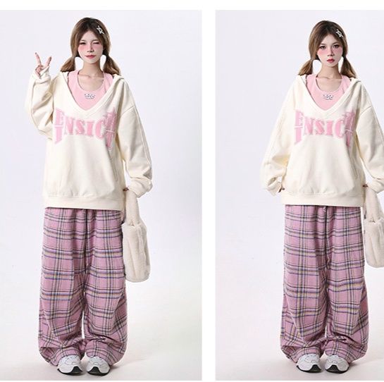 チェックパンツ チェックパンツ ゆったり格子柄ワイドパンツ