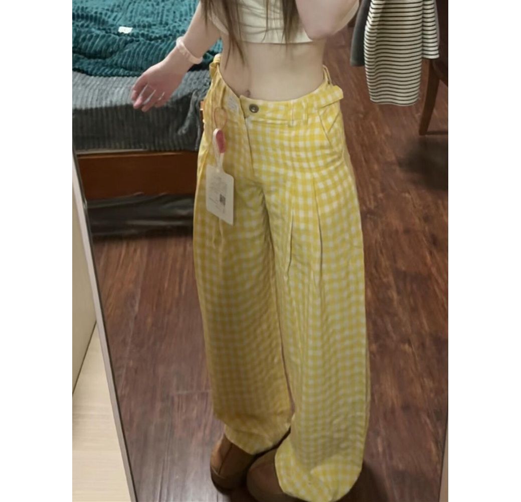 チェックパンツ ゆったり高腰ギンガムチェックワイドパンツ