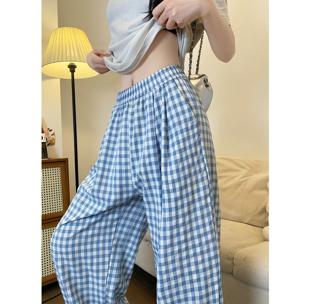 チェックパンツ 高腰ギンガムチェックワイドパンツ