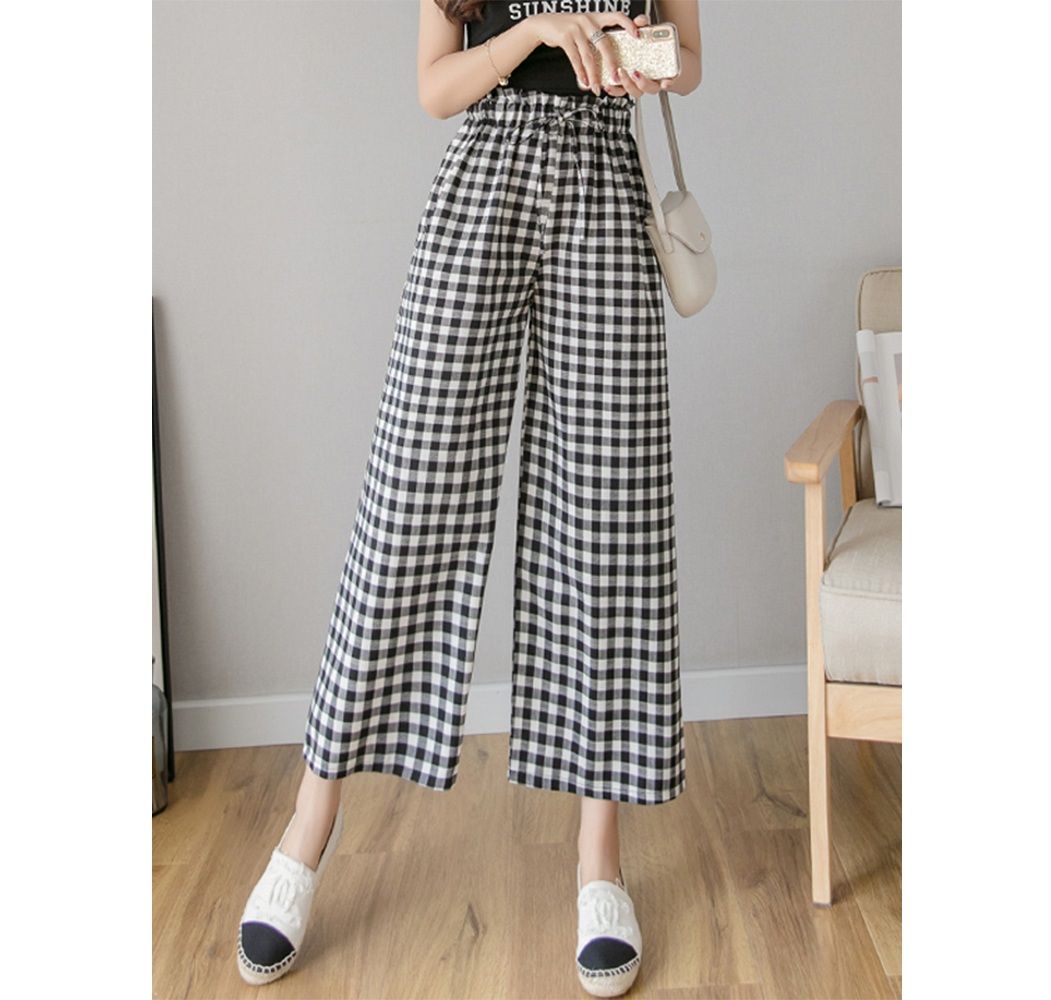チェックパンツ 薄手シフォンギンガムチェックワイドパンツ