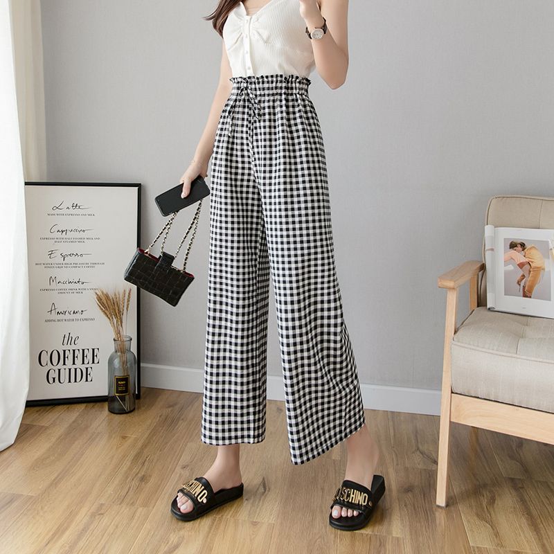 チェックパンツ 薄手シフォンギンガムチェックワイドパンツ