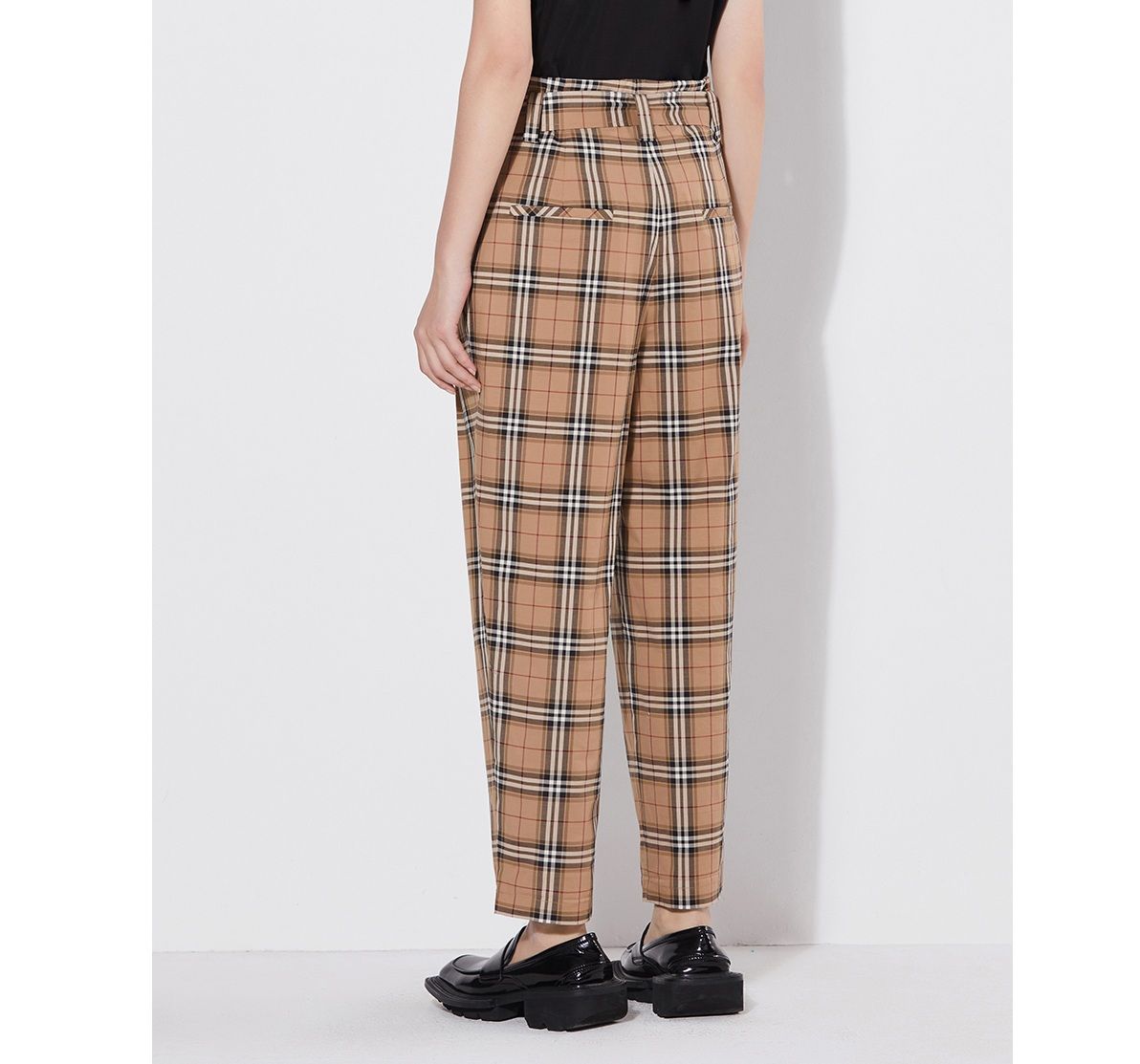 チェックパンツ ハイウエストベルト付きチェックパンツ