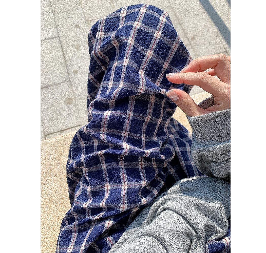 チェックパンツ ゆったり格子柄ハイウエストワイドパンツ