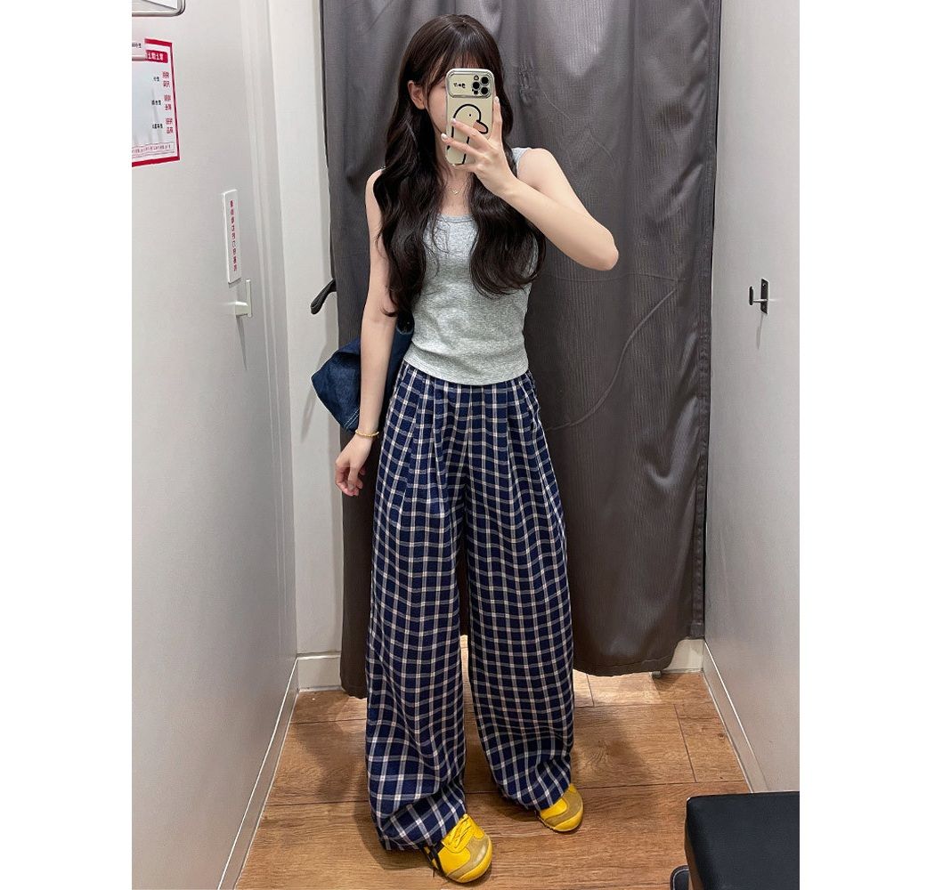 チェックパンツ ゆったり格子柄ハイウエストワイドパンツ