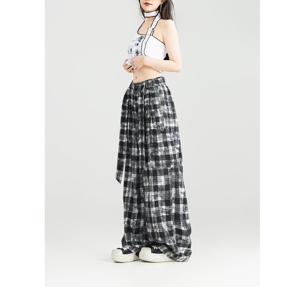 チェックパンツ レトロ風ギンガムチェックワイドパンツ