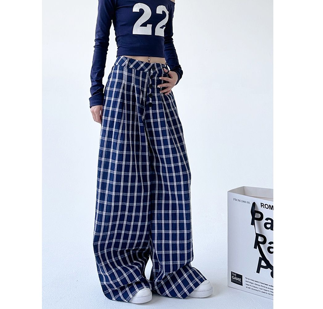 チェックパンツ レトロチェック柄ゆったりワイドパンツ
