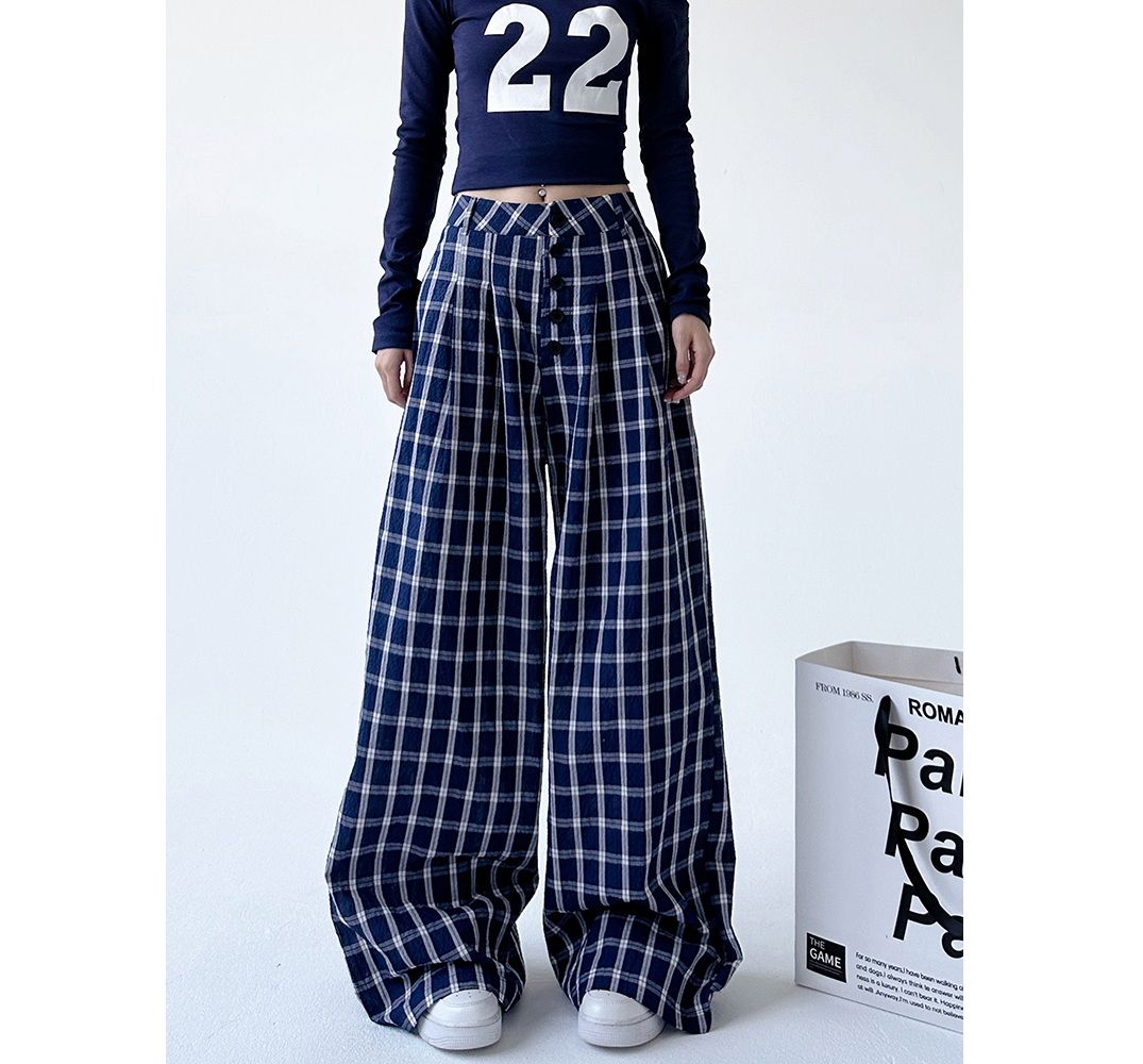 チェックパンツ レトロチェック柄ゆったりワイドパンツ