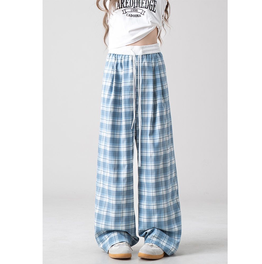 チェックパンツ レース紐付きチェック柄ワイドパンツ