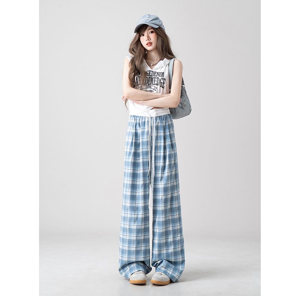 チェックパンツ レース紐付きチェック柄ワイドパンツ