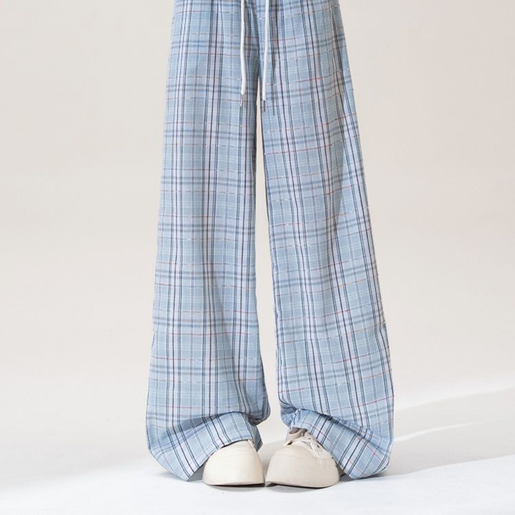 チェックパンツ レース風チェック柄ワイドパンツ