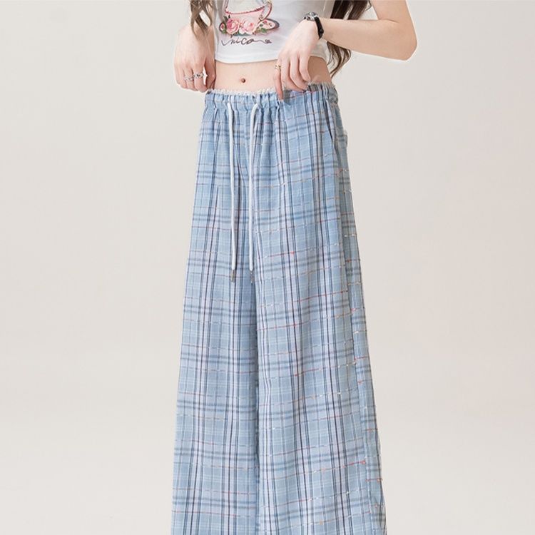 チェックパンツ レース風チェック柄ワイドパンツ