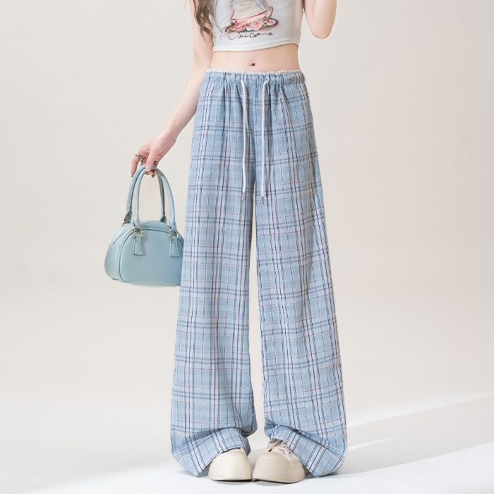 チェックパンツ レース風チェック柄ワイドパンツ