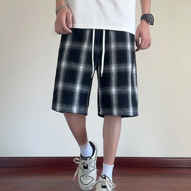 チェックパンツ ゆったり格子柄ハーフパンツ