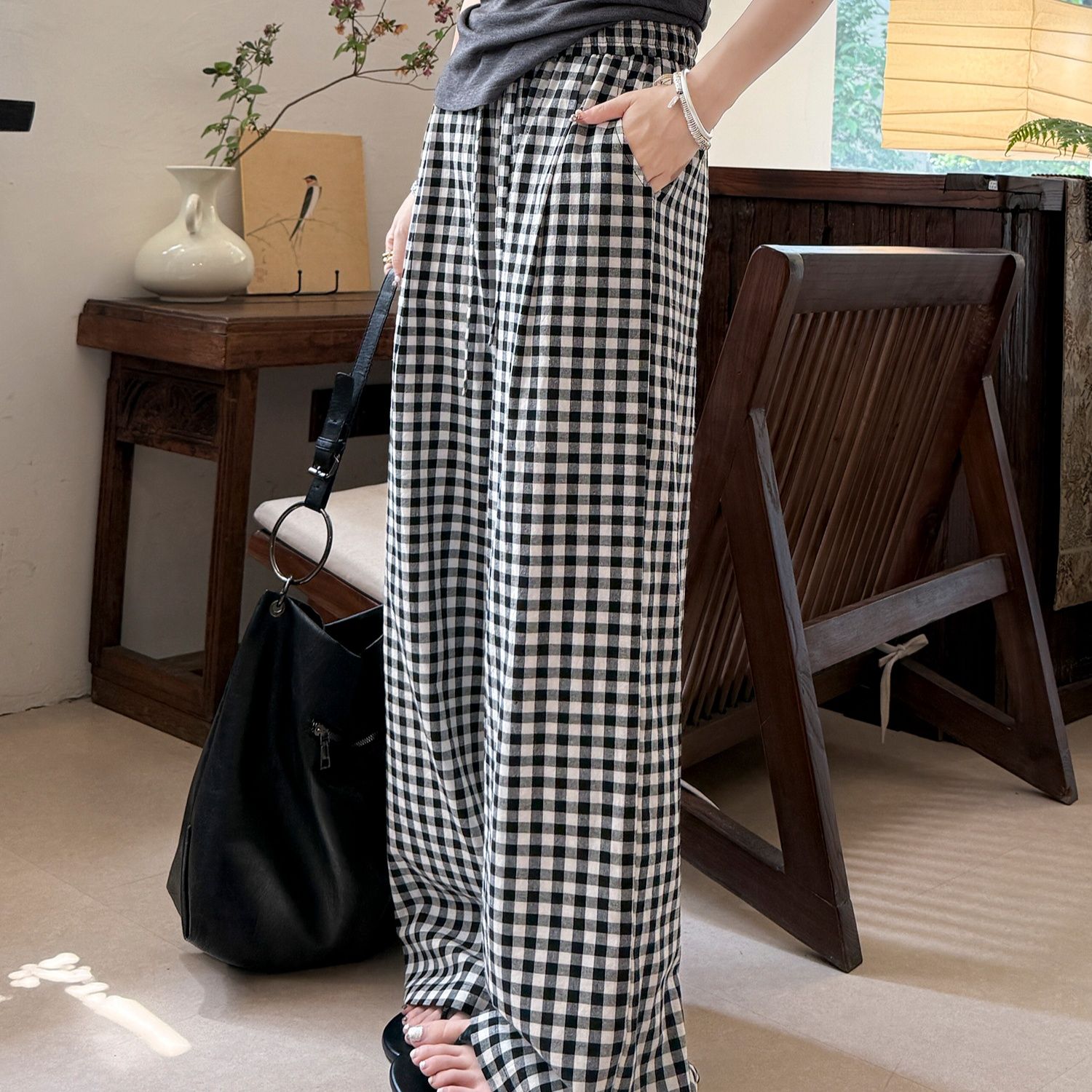 チェックパンツ 格子柄ゆったりワイドパンツ