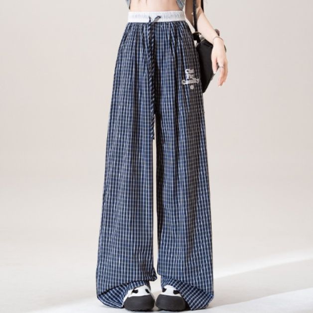 チェックパンツ リラックス格子柄ワイドパンツ