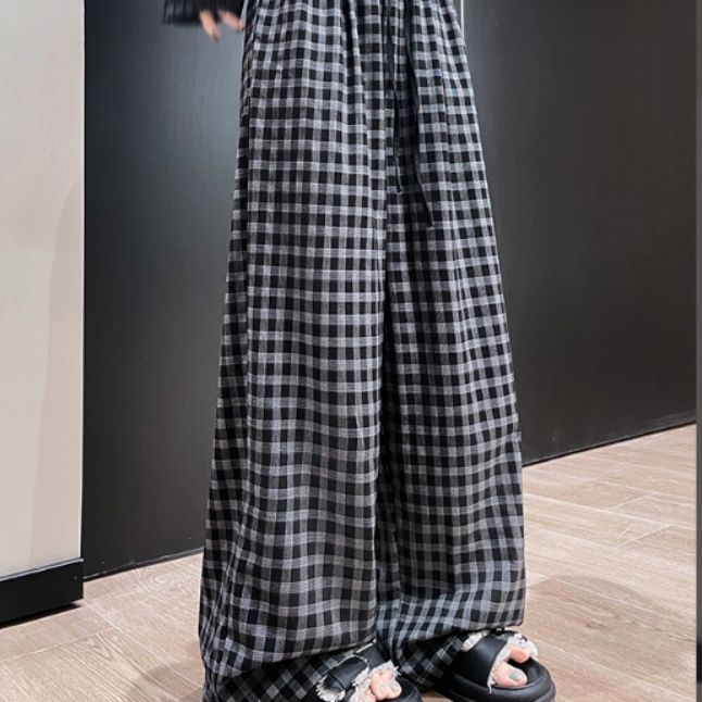 チェックパンツ 格子柄ゆったりワイドパンツ