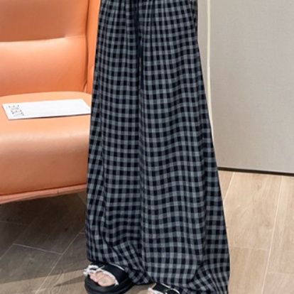 チェックパンツ 格子柄ゆったりワイドパンツ