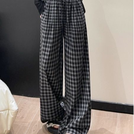 チェックパンツ 格子柄ゆったりワイドパンツ