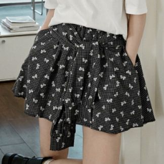 チェックパンツ 花柄リボン付きプリーツスカート