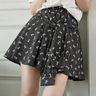 チェックパンツ 花柄リボン付きプリーツスカート