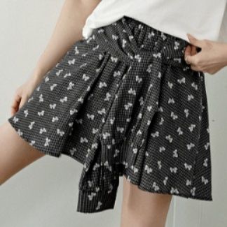 チェックパンツ 花柄リボン付きプリーツスカート