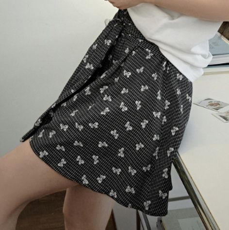 チェックパンツ 花柄リボン付きプリーツスカート