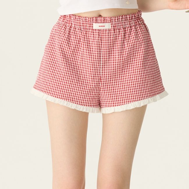 チェックパンツ フリル付きギンガムチェックショートパンツ