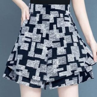 チェックパンツ 幾何学模様ティアードショートパンツ