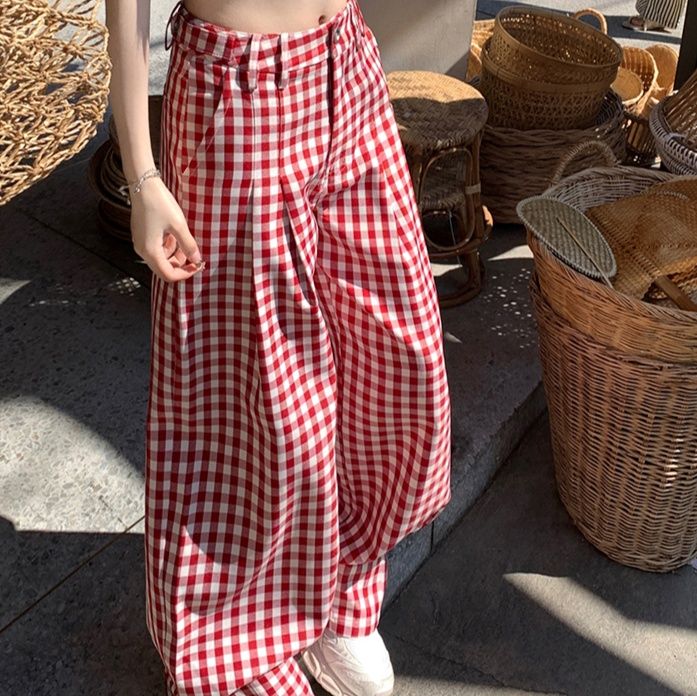 チェックパンツ 格子柄ゆったりワイドパンツ