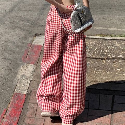チェックパンツ 格子柄ゆったりワイドパンツ