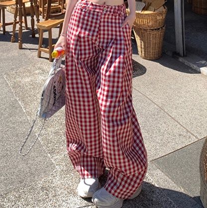 チェックパンツ 格子柄ゆったりワイドパンツ