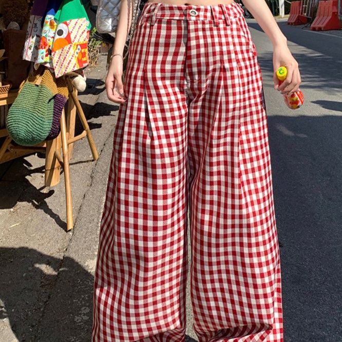 チェックパンツ 格子柄ゆったりワイドパンツ