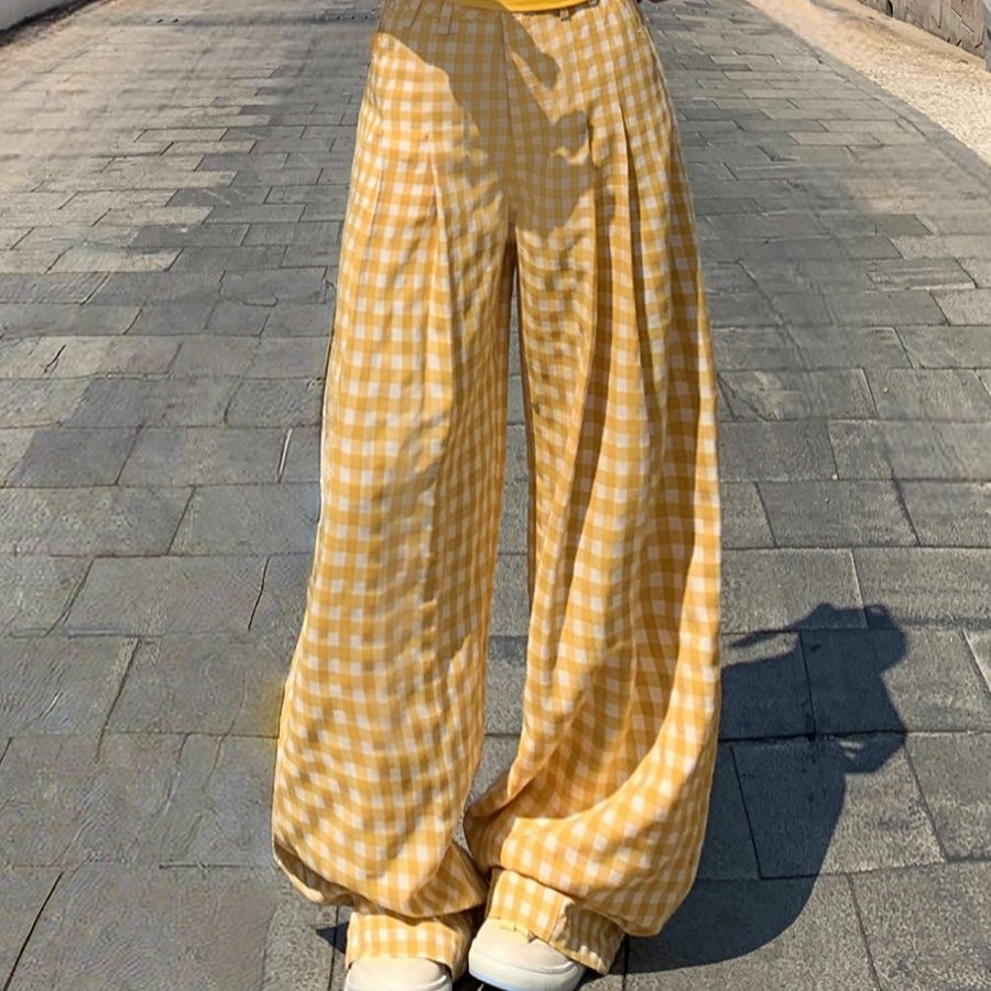 チェックパンツ 格子柄ゆったりワイドパンツ